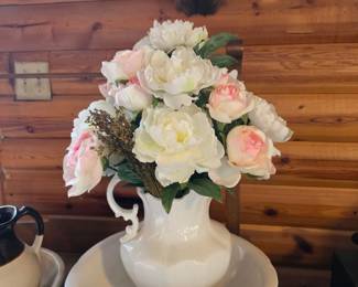 Vintage White Ceramic Teapot with Artificial Peonies and Roses