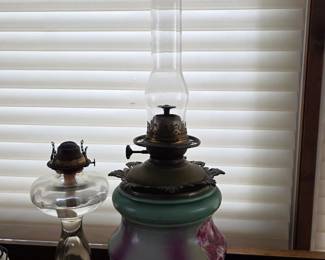 Victorian HandPainted Celadon Glass Oil Lamp with Ornate Brass Fittings