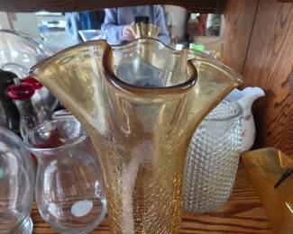 Amber Crackle Glass Vase with Applied Handle