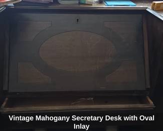 Vintage Mahogany Secretary Desk with Oval Inlay second image
