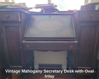 Vintage Mahogany Secretary Desk with Oval Inlay