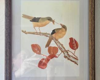 Framed Pressed Leaf Art of Two Birds on a Branch