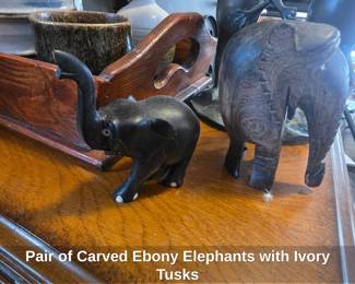 Pair of Carved Ebony Elephants with Ivory Tusks