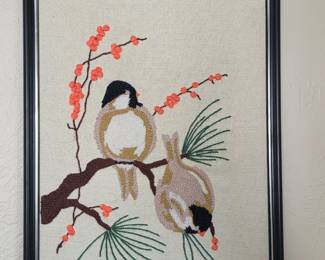 Framed Pair of Chickadee Embroidery Art