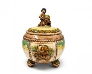 48 VintageMajolicaCoveredBowlFiguralLidGermany