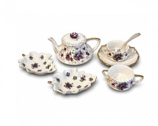 45 LeftonVioletsTeaSetTeapotCupsLeafDishes