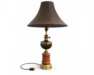 42 VintageTableLampSmokedGlassFontBrassTurnedWoodBase