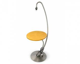 37 VintageModernArcFloorLampwithBuiltInSideTableBrassWoodMCM