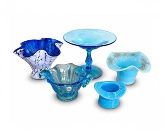 2 VintageBlueArtGlassLotFentonMuranoCompoteVase