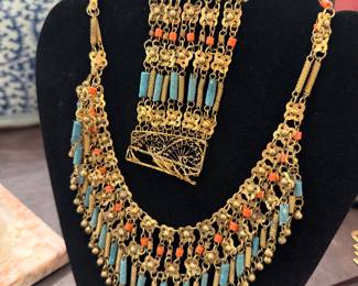 Egyptian revival brass necklace and bracelet