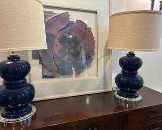 Pottery Barn lamps, mixed media art