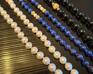 Pearl necklace; lapis lazuli, 14k and pearl necklace; onyx and 14k necklace