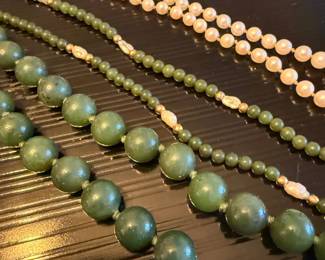 Jade necklace, jade and pearl bracelets, and pearl necklace