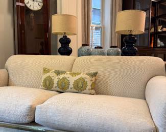 Stunning living room setup, including Pottery Barn lamps, chrysanthemum ginger jars. Clock not for sale. 