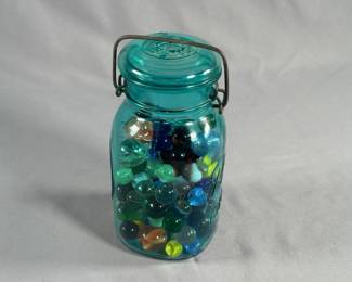 Large bicentennial ball jar with  marbles