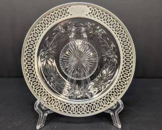 PM034 Antique Cut Glass Plate with Sterling Silver Trim