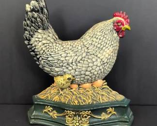 JM006 Vintage Cast Iron Hen  Chick Doorstop  Barred Plymouth Rock