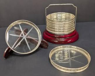 PM042 Set of 8 Vintage Sterling Silver Coasters in Matching Caddy
