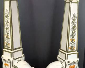JM007 Pair of Italian Majolica Elephant and Obelisk Sculptures