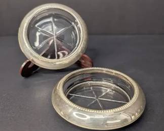 PM035 Frank M. Whiting  Co. Sterling Crystal Glass Coaster Pair