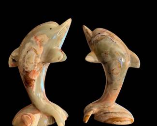 Green/Brown Carved Onyx stone dolphin sculptures