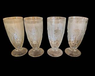 4 glasses and pitcher Jeannette Glass "Iris and Herringbone" Footed Tumblers
