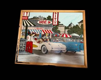 H Hargrove 1957 Corvette At Drive In Restaurant Signed Oil Painting 21.5 X 25.5