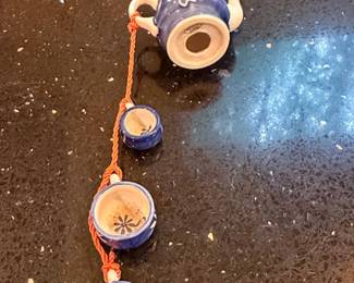 Blue and White Ceramic Miniature Teapot and Cups Set with Orange Cord third image