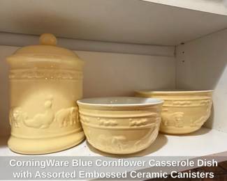 CorningWare Blue Cornflower Casserole Dish with Assorted Embossed Ceramic Canisters and Mixing Bowls second image