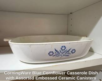 CorningWare Blue Cornflower Casserole Dish with Assorted Embossed Ceramic Canisters and Mixing Bowls fourth image