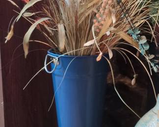 Blue Metal Pail with Dried Floral Arrangement