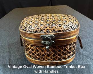 Vintage Oval Woven Bamboo Trinket Box with Handles
