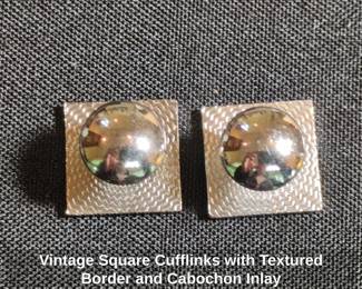 Vintage Square Cufflinks with Textured Border and Cabochon Inlay second image