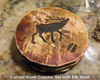 Carved Bone Coaster Set with Elk Motif
