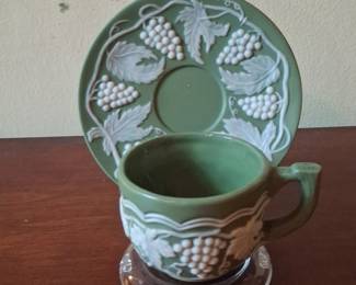 Wedgwood Sage Green Jasperware Teacup and Saucer with Grapevine Motif