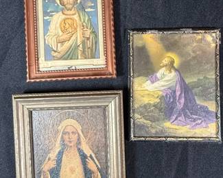Framed Religious Prints Sacred Heart of Jesus, Virgin Mary, and Jesus in Gethsemane