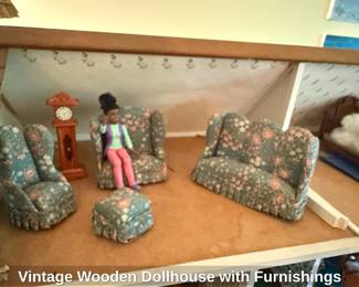 Vintage Wooden Dollhouse with Furnishings second image