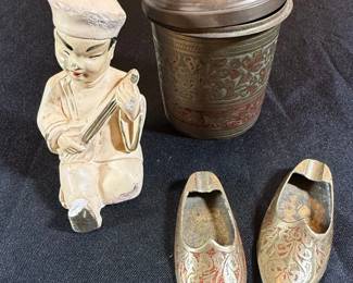 Vintage Indian Brass Etched Container with Lid and ShoeShaped Ashtrays