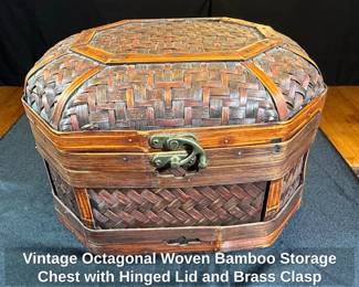 Vintage Octagonal Woven Bamboo Storage Chest with Hinged Lid and Brass Clasp