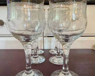 Cellini Etched Glass Goblets with Gold Rim