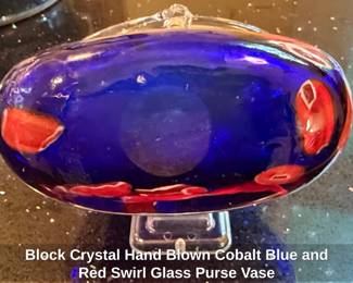 Block Crystal Hand Blown Cobalt Blue and Red Swirl Glass Purse Vase fourth image