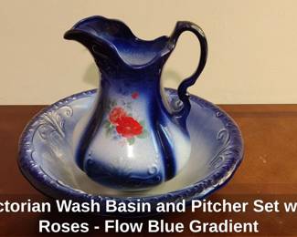 Victorian Wash Basin and Pitcher Set with Roses  Flow Blue Gradient