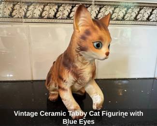 Vintage Ceramic Tabby Cat Figurine with Blue Eyes