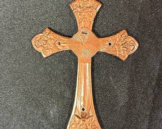 Ornate Copper Cross Pendant with Grape and Floral Motifs