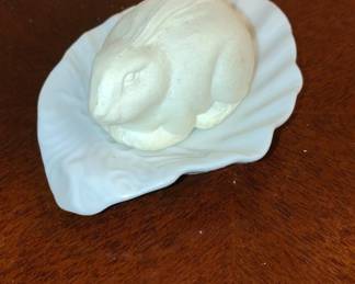 White Ceramic Bunny Figurine on Leaf Dish