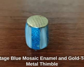 Vintage Blue Mosaic Enamel and GoldTone Metal Thimble