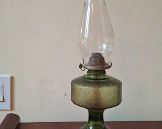 Green Glass Oil Lamp with Embossed Base  PA Mfg Co second image