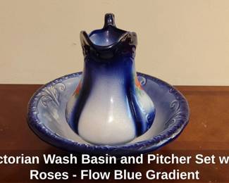 Victorian Wash Basin and Pitcher Set with Roses  Flow Blue Gradient third image