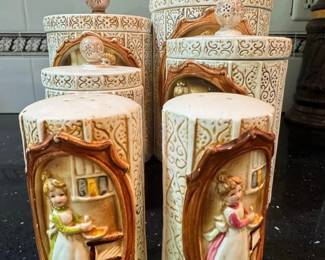 Sears Roebuck and Co. Kitchen Scene Ceramic Canister Set with Salt and Pepper Shakers fourth image