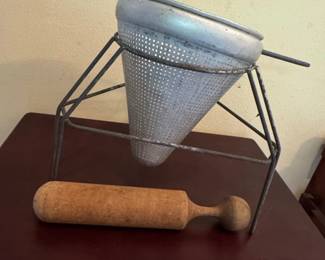 Vintage Aluminum Cone Food Mill Strainer with Wooden Pestle and Stand third image
